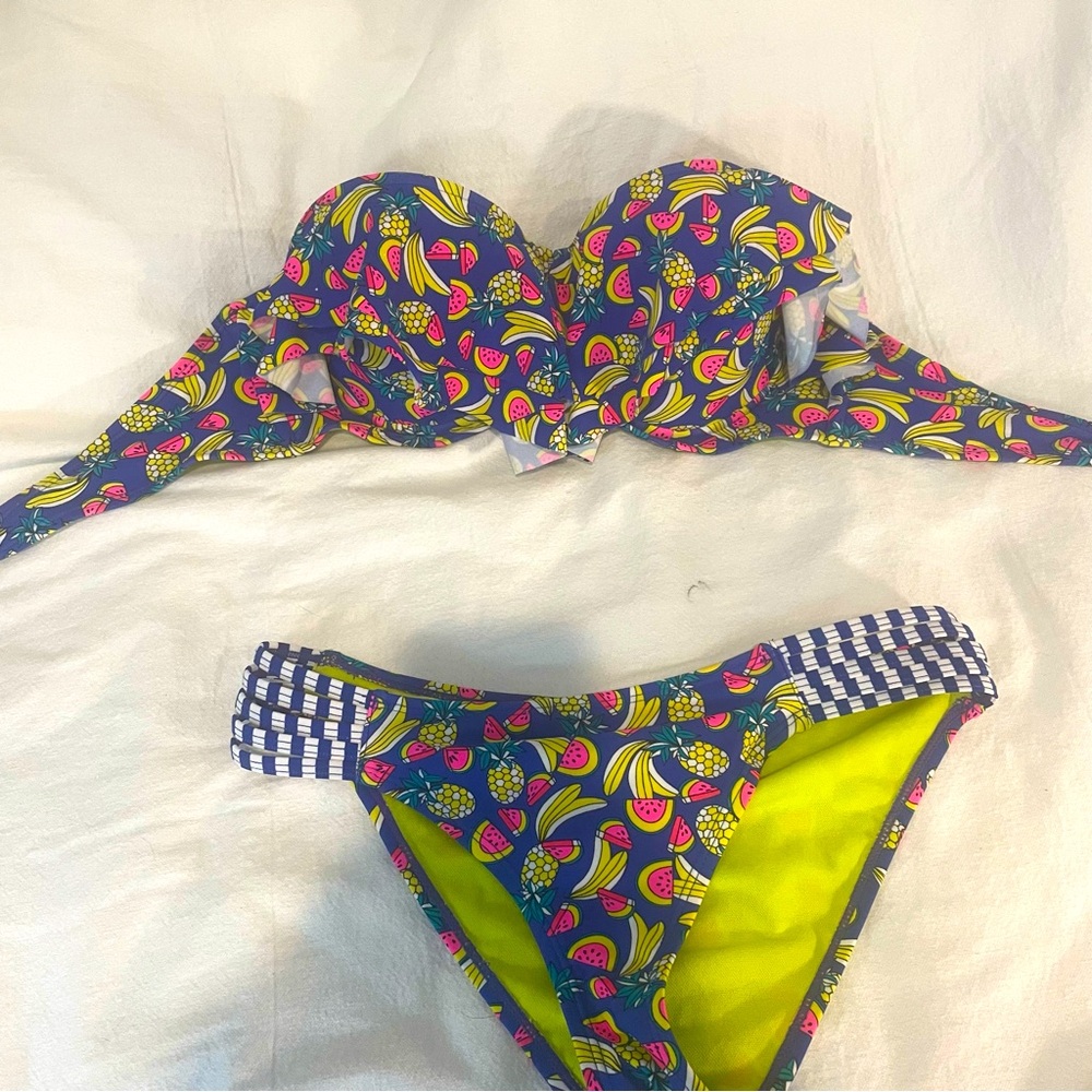 Bongo bikini the top size XL & bottoms M. Blue suit with pink and yellow…